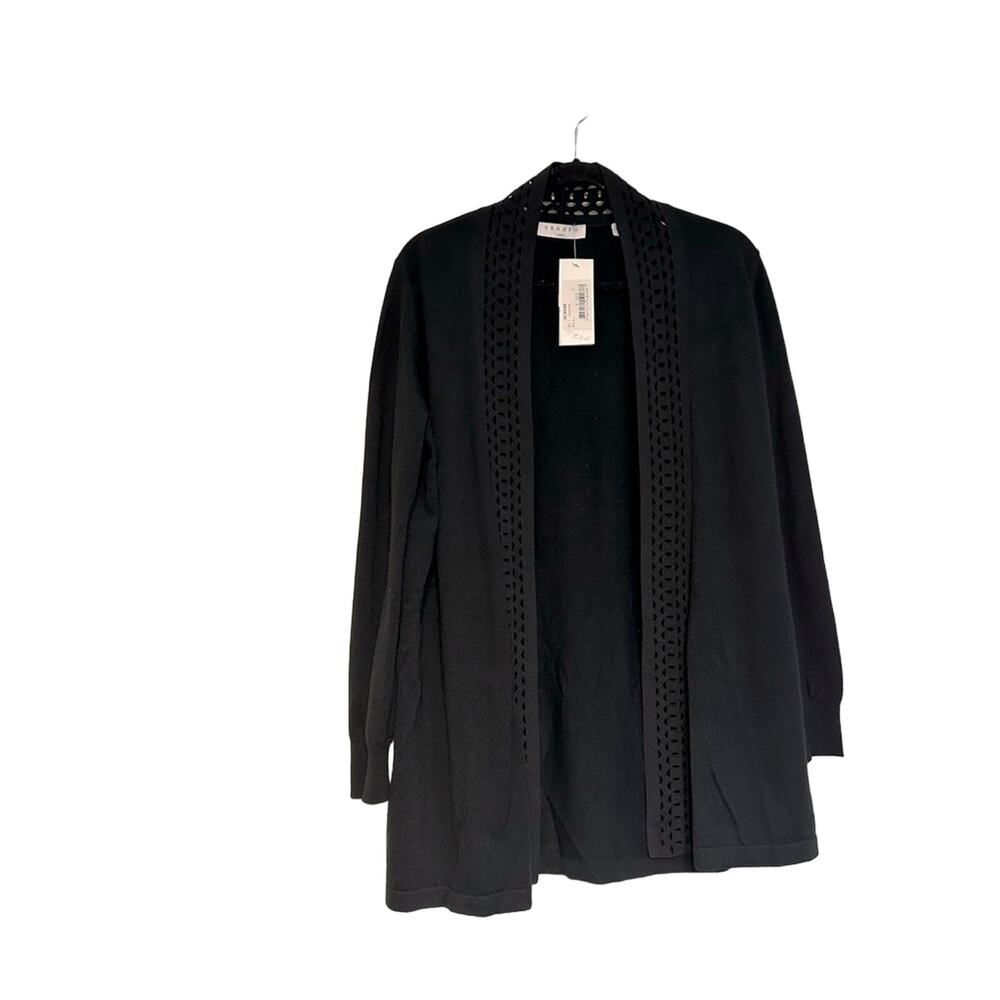 NWT Sandro Paris Size 3/Large  Black Laser Cut Wool Open Front Sweater Long Line
